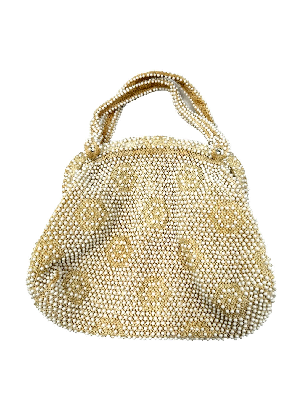 Vintage White Beaded Handbag Corde Bead Hexagonal Print Cocktail Purse Lumered